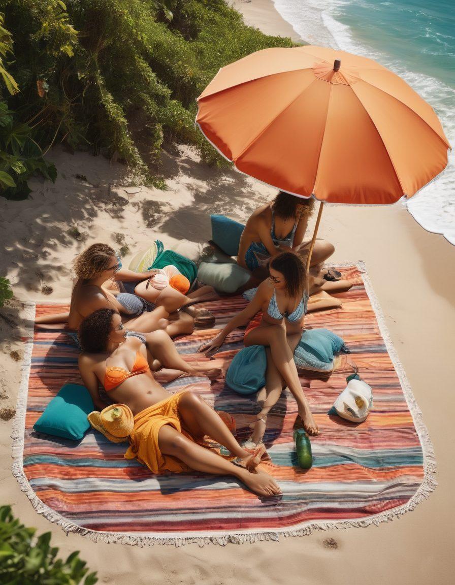 A stylish beach scene featuring a diverse group of people wearing trendy and sustainable beachwear, lounging on eco-friendly beach towels, under a vibrant sun umbrella. Surround them with lush greenery and gentle ocean waves, showcasing sustainable beach gear like reusable water bottles and biodegradable sunscreen. Emphasize a sunny atmosphere with warm, inviting colors. super-realistic. vibrant colors. soft focus.