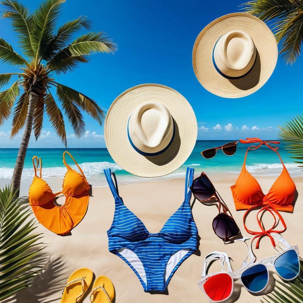 A sun-drenched beach scene featuring an array of eco-friendly swimwear hanging on a vibrant, colorful beach backdrop. Incorporate elements such as palm trees, sandy shores, and clear blue water, with stylish beach accessories like hats and sunglasses. Capture the joy of summer using bright and lively colors to evoke a sense of relaxation and sustainability. Include a hint of ocean waves gently lapping at the shore. vibrant colors. super-realistic.
